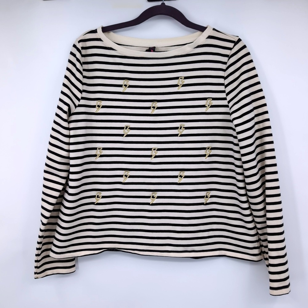Betsey Johnson Performance Striped Lightning Bolt Top Cream Black Gold Large